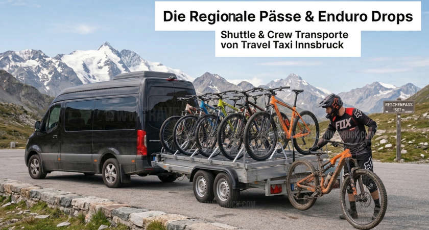 Sicherer Fahrrad Drop-Shuttle von Travel Taxi Innsbruck: Unser schwarzer Mercedes Sprinter mit geschlossenem Box-Anh&auml;nger entl&auml;dt Mountainbikes auf dem Reschenpass f&uuml;r eine Tour