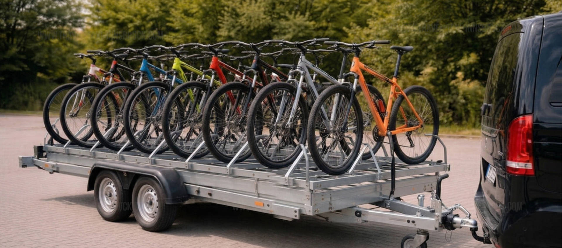 Professionelles Transalp Bike-Shuttle-Gespann von Travel Taxi Innsbruck: Ein aktueller schwarzer Mercedes Vito zieht einen tandem-achsigen, verzinkten Anhänger, der mit sieben farbenfrohen Mountainbikes für einen Gruppentransport beladen ist.